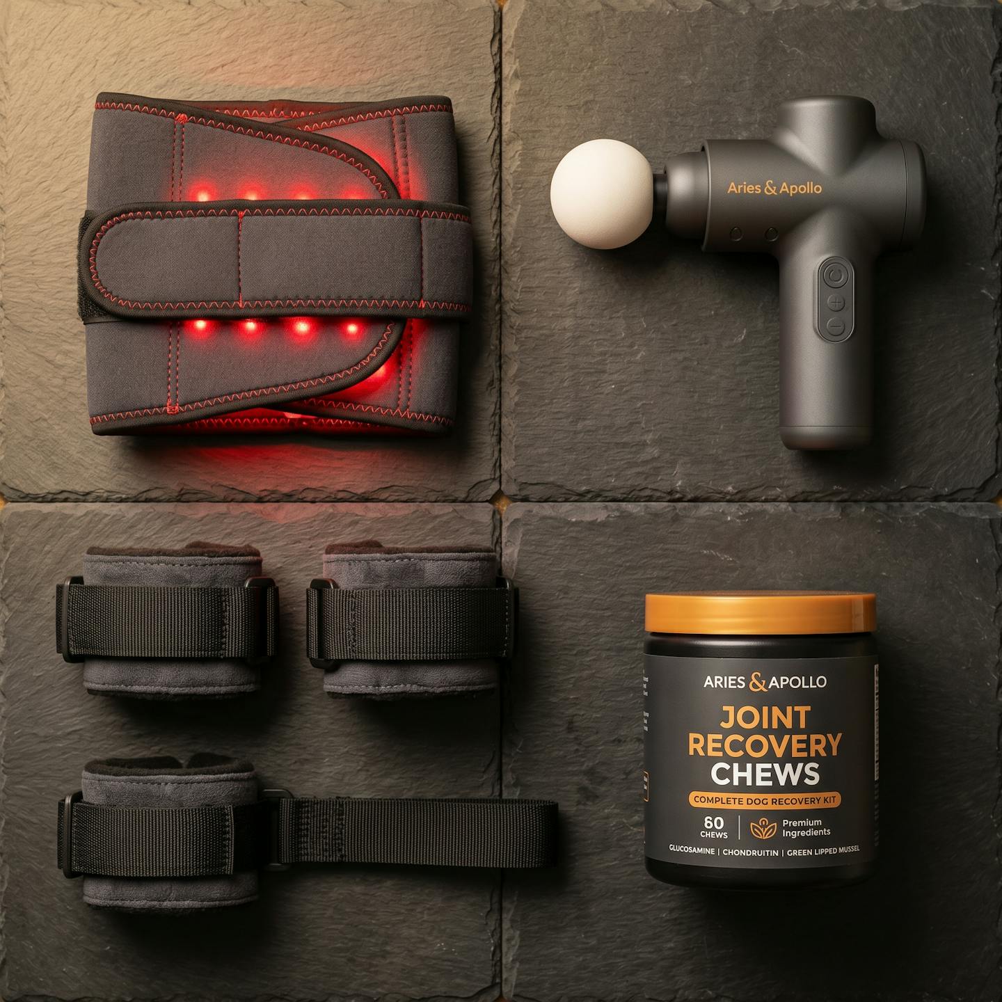 Aries & Apollo Dog Therapy & Recovery Kit — concept render of the complete 4-piece founding pack