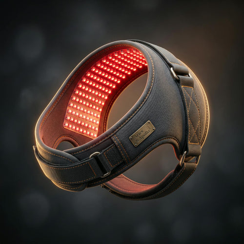 Red Light Therapy Wrap concept render — 660/850nm LED array in contoured charcoal neoprene